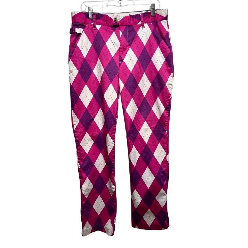 Royal & Awesome Mens Argyle Golf Pants Pink Purple White Diamond 34x32